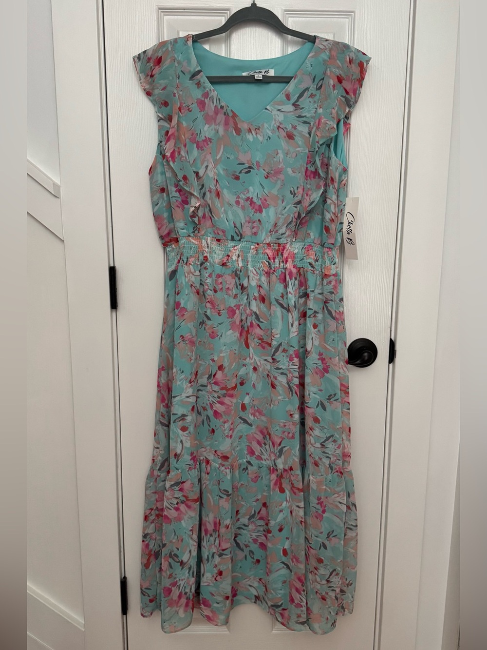 Chetta B Aqua & Pink Floral V-Neck Maxi Dress